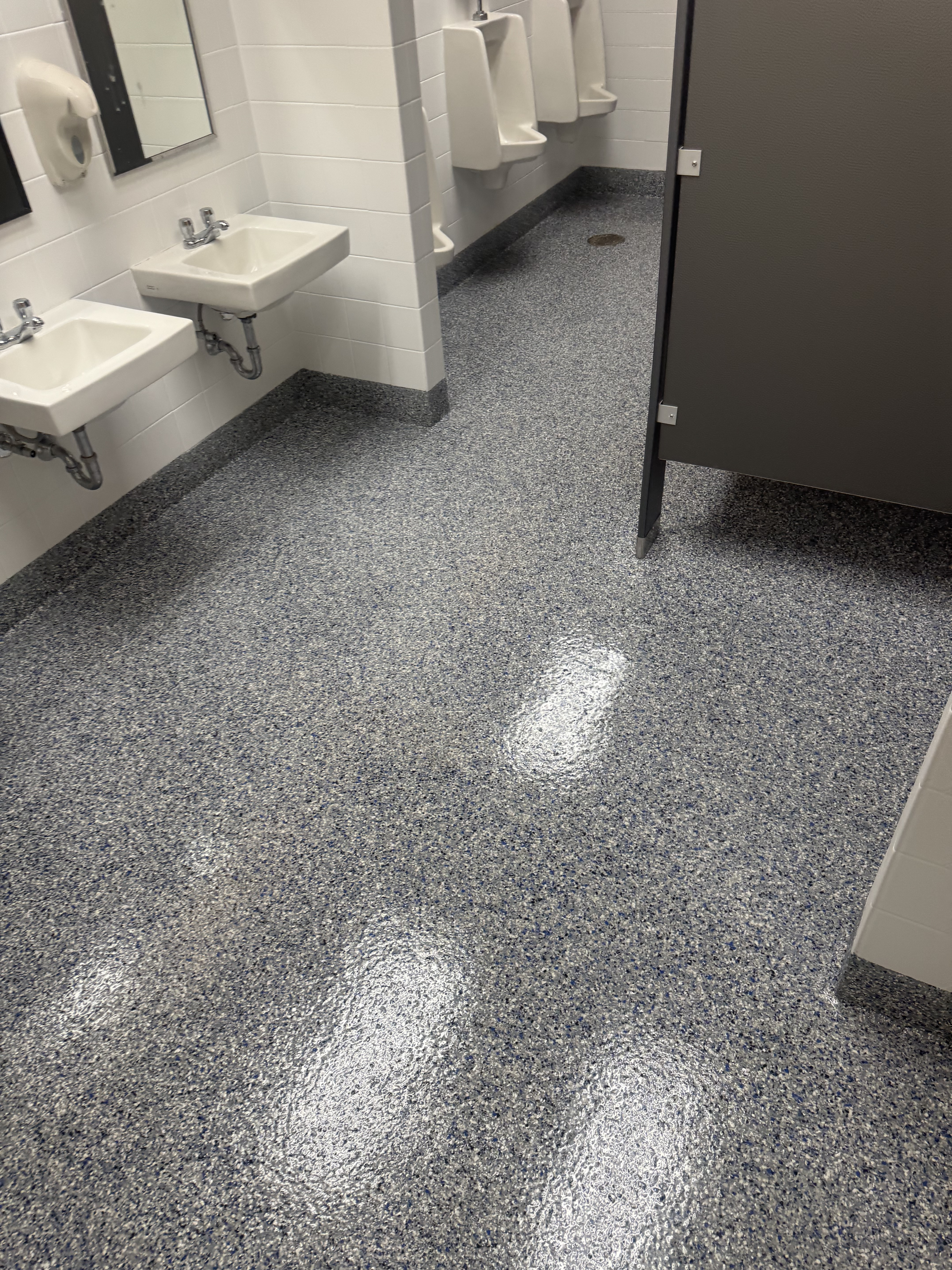Epoxy flake flooring in a public restroom